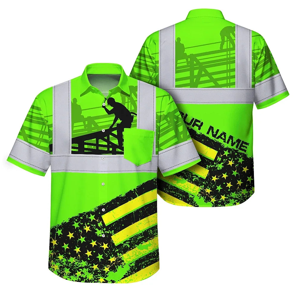 Green US Flag Roofer Hi-Vis Hawaiian Shirt