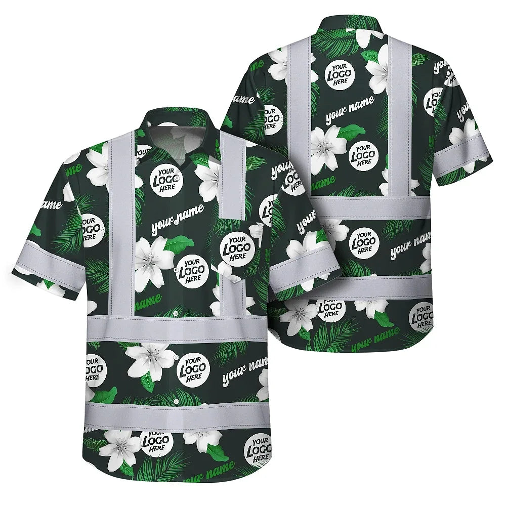 Green White Flowers Hi-Vis Hawaiian Shirt