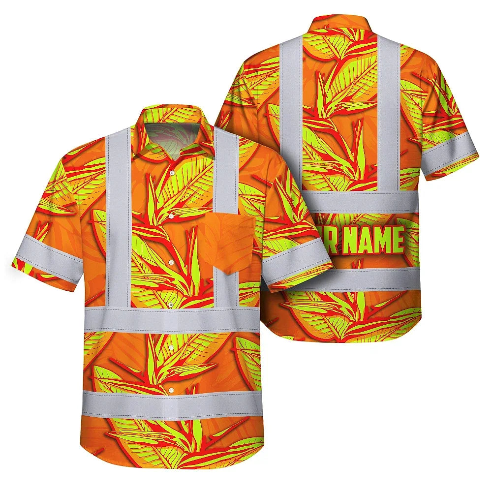 Orange Neon Bird of Paradise Hi-Vis Hawaiian Shirt