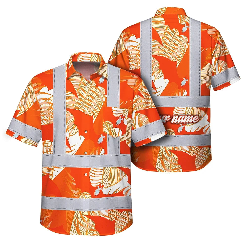 Orange Neon Flowers Bat Hi-Vis Hawaiian Shirt