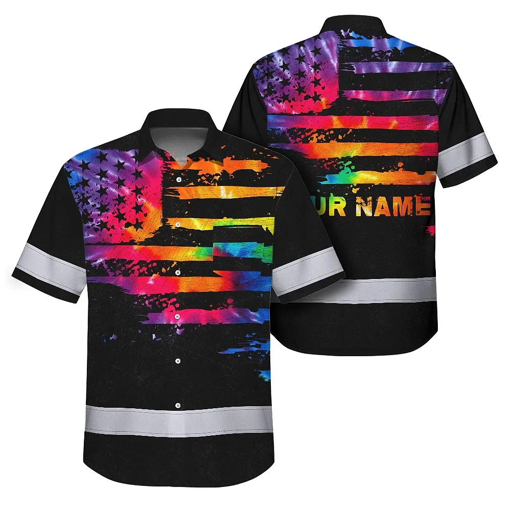 Rainbow Tie Dye US Flag Hi-Vis Hawaiian Shirt