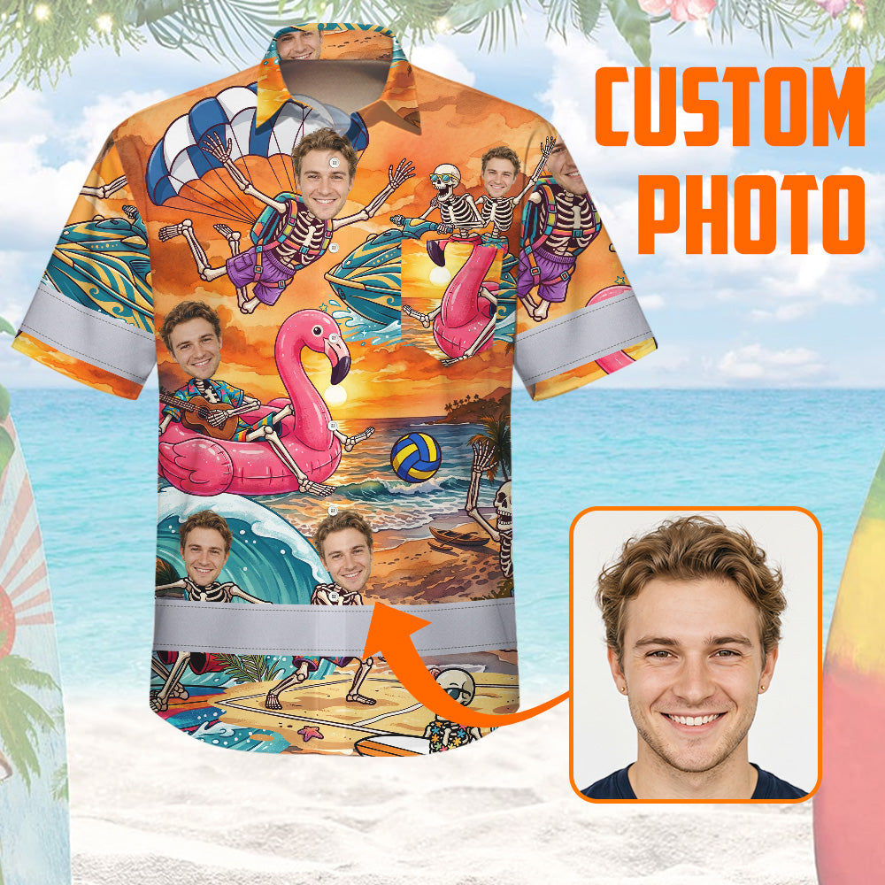 Skeleton Surfing Beach Sunset Hi-Vis Hawaiian Shirt