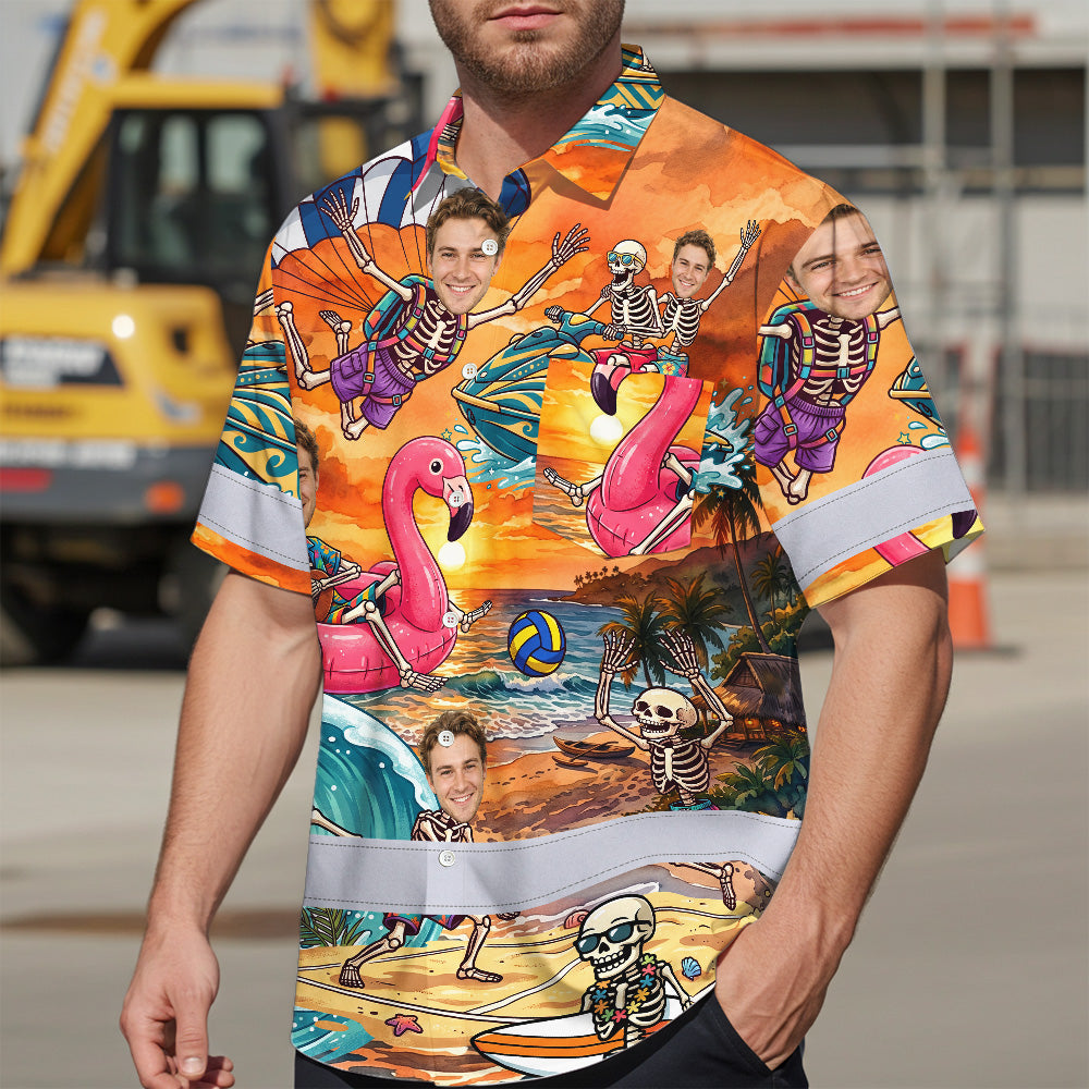 Skeleton Surfing Beach Sunset Hi-Vis Hawaiian Shirt