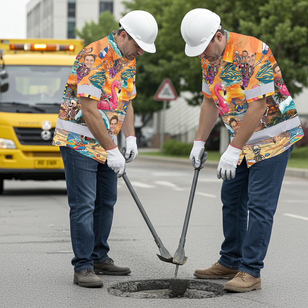 Skeleton Surfing Beach Sunset Hi-Vis Hawaiian Shirt