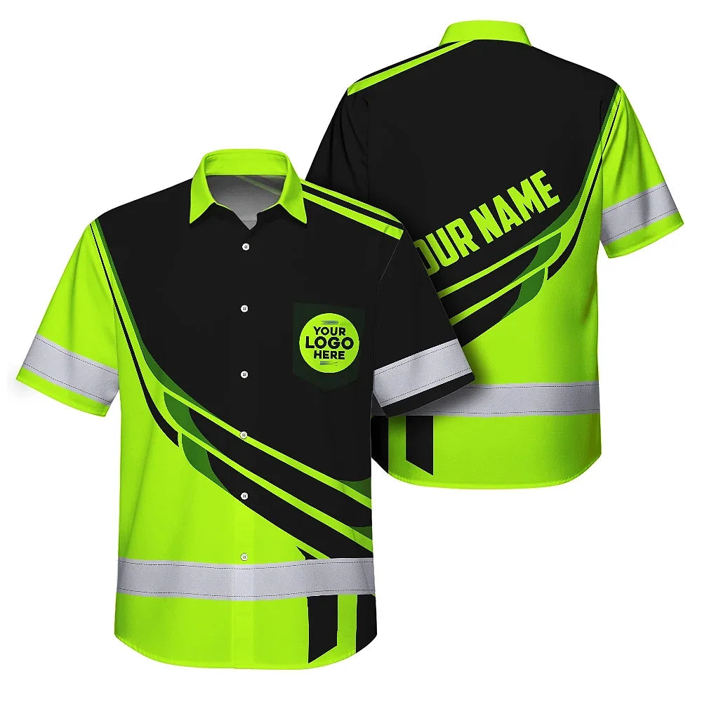 Uniform Green Neon 2 Custom Logo And Name Hi-Vis Hawaiian Shirt