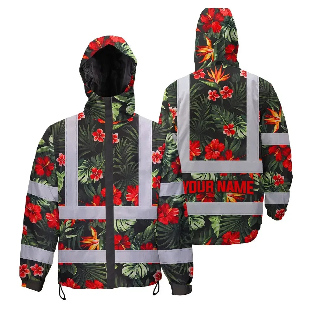 Red Neon Flowers Hi-Vis Waterproof Jacket