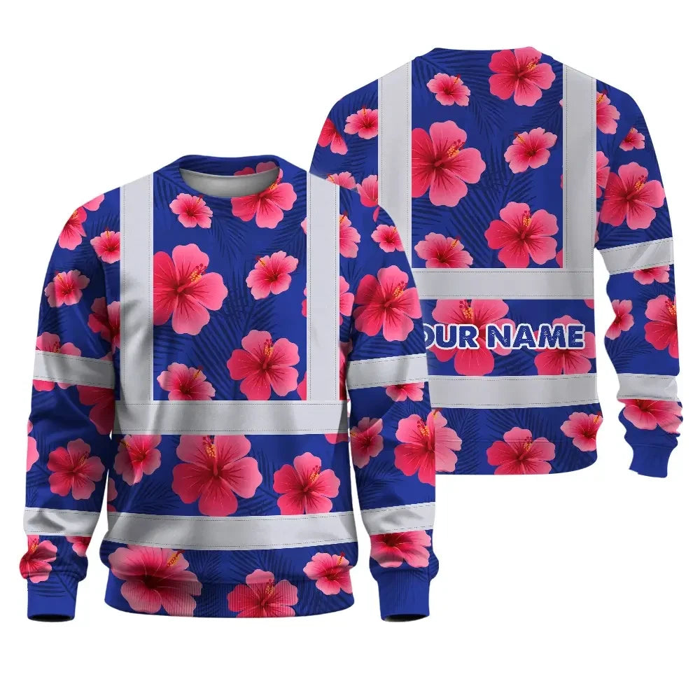 Blue Neon Pink Flowers Hi-Vis Long Sleeve Shirt