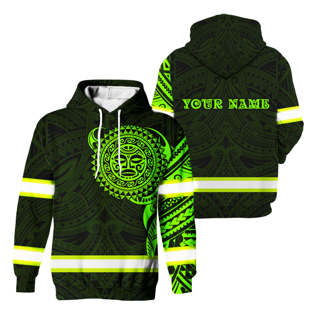 Hi Vis Hoodie Reflective Tapes Green Neon Hawaiian Polynesian Tribal Custom Name Safety Workwear