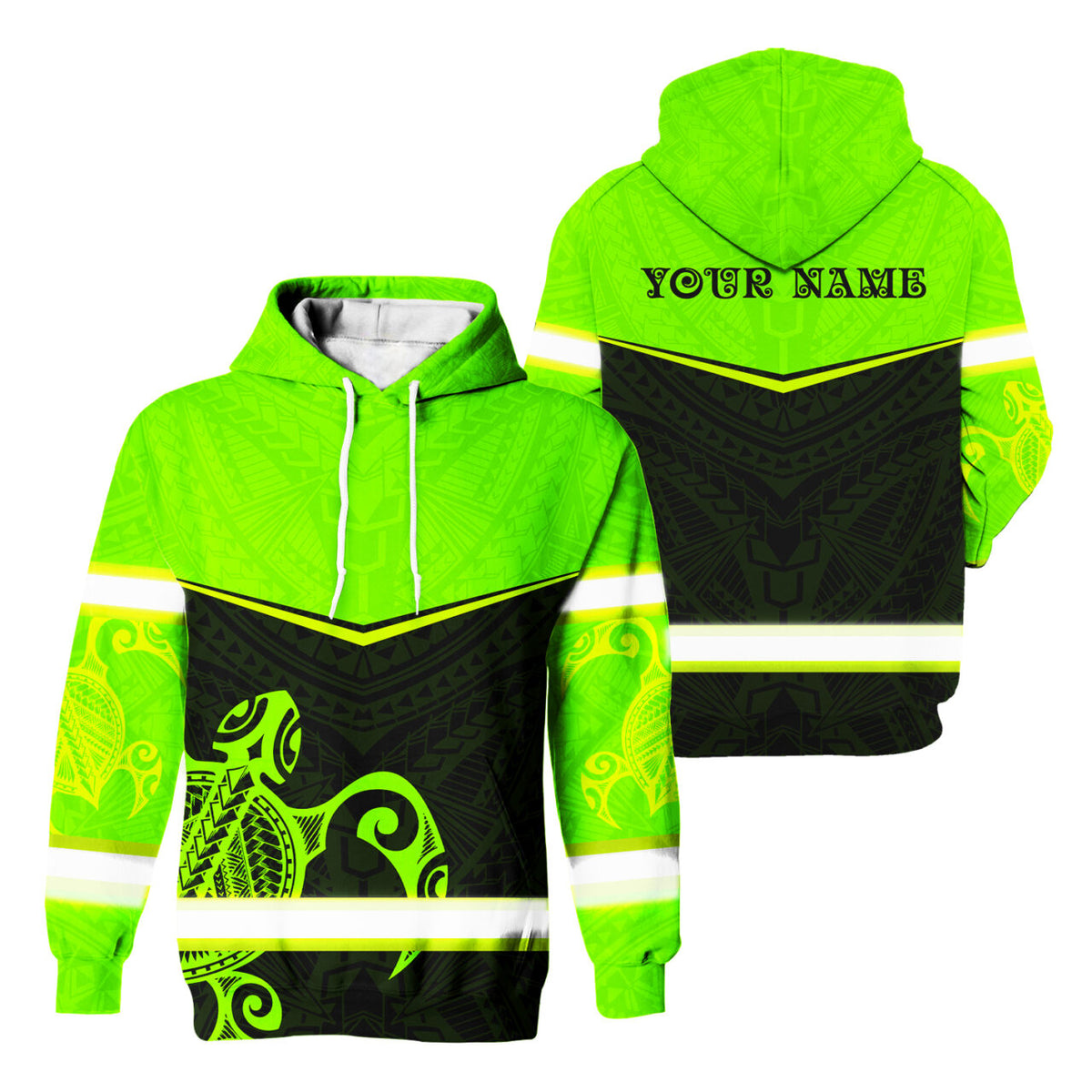 Hi Vis Hoodie Reflective Tapes Green Turtle Hawaiian Custom Name Safety Workwear