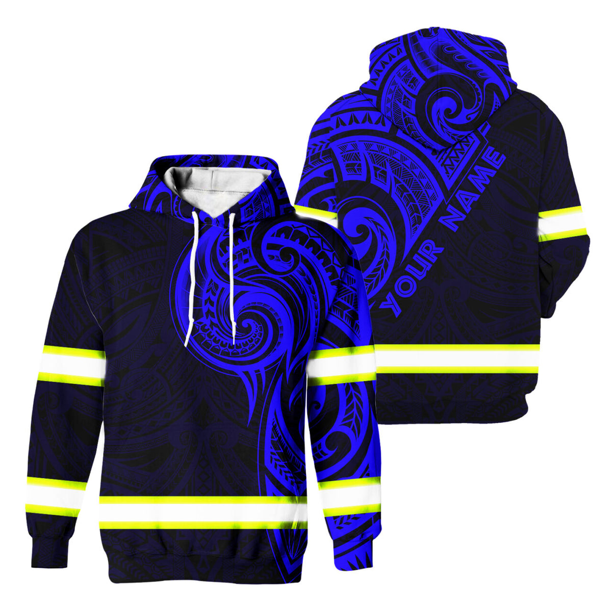 Hi Vis Hoodie Reflective Tapes Blue Neon Hawaiian Polynesian Tribal Custom Name Safety Workwear