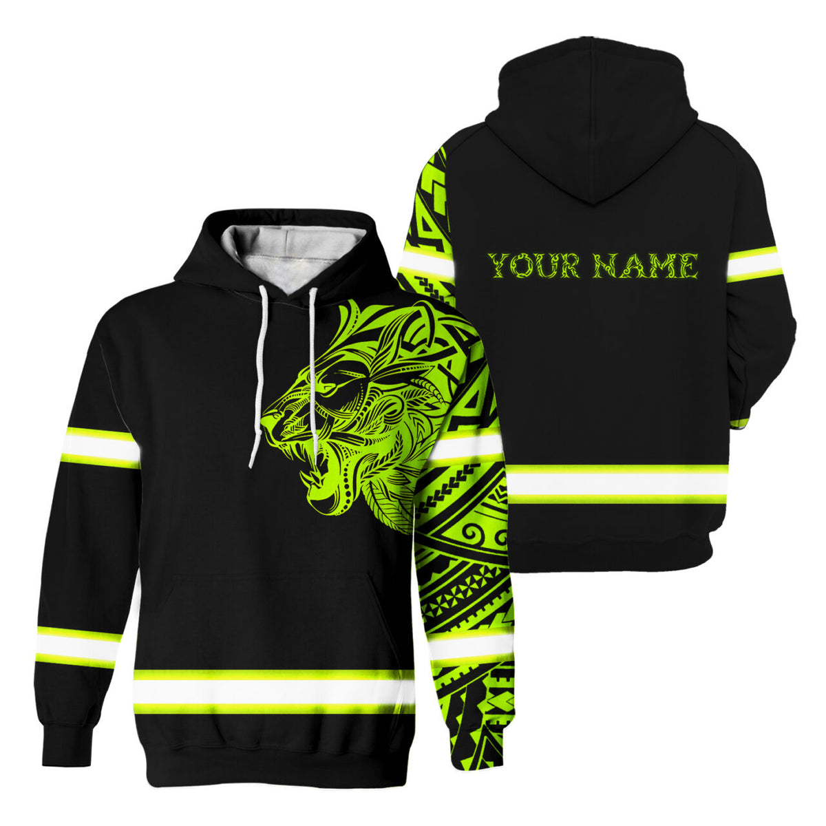 Hi Vis Hoodie Reflective Tapes Lion Hawaiian Polynesian Tribal Custom Name Safety Workwear For Workers, Runners, Cyclists