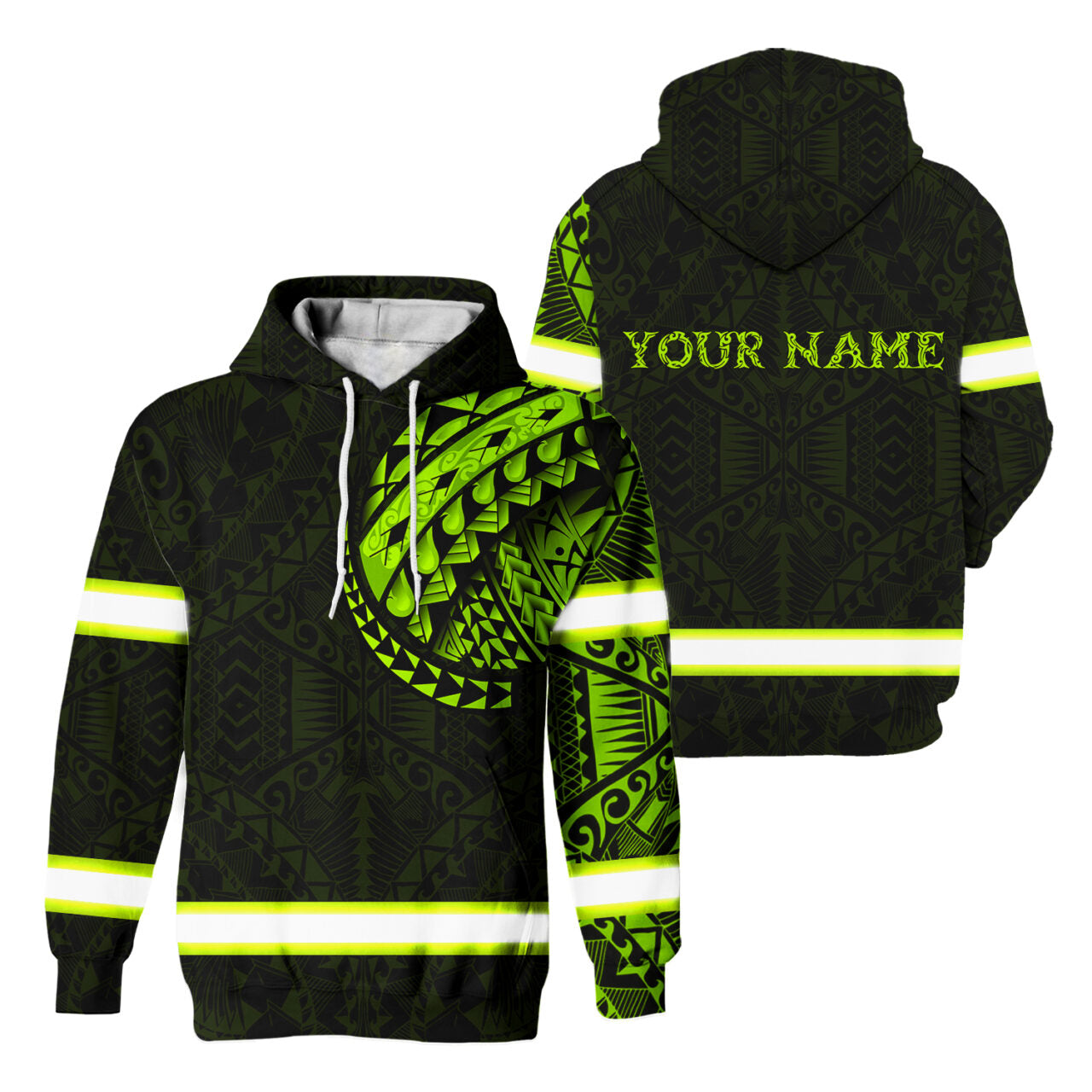 Hi Vis Hoodie Reflective Tapes Green Neon Hawaiian Polynesian Tribal Custom Name Safety Workwear