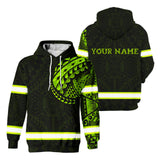 Hi Vis Hoodie Reflective Tapes Green Neon Hawaiian Polynesian Tribal Custom Name Safety Workwear