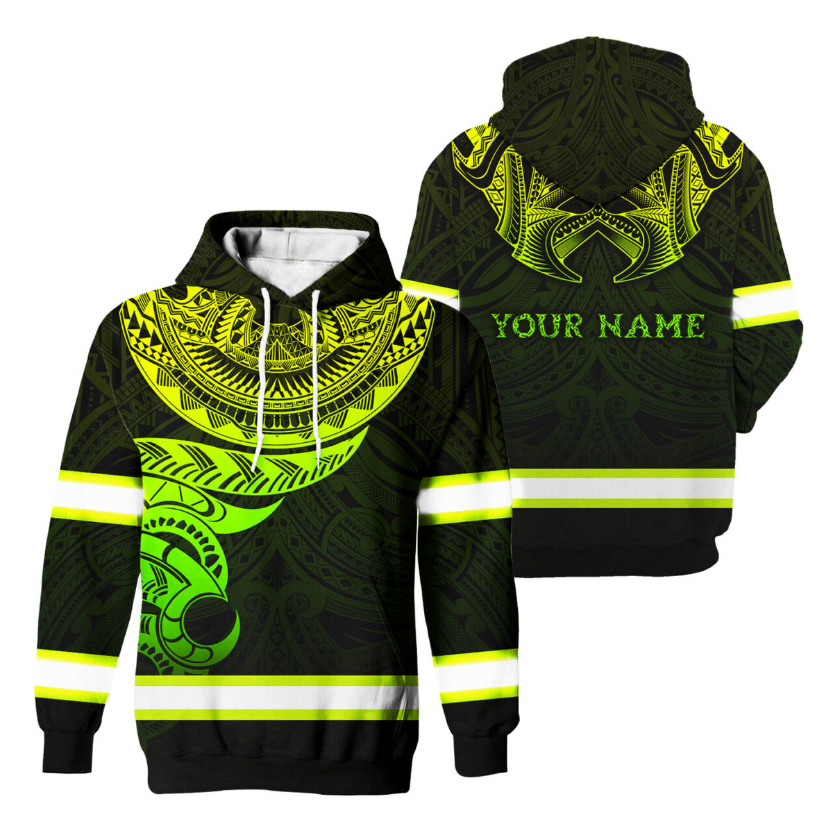 Hi Vis Hoodie Reflective Tapes Green Gradient Hawaiian Polynesian Tribal Custom Name Safety Workwear