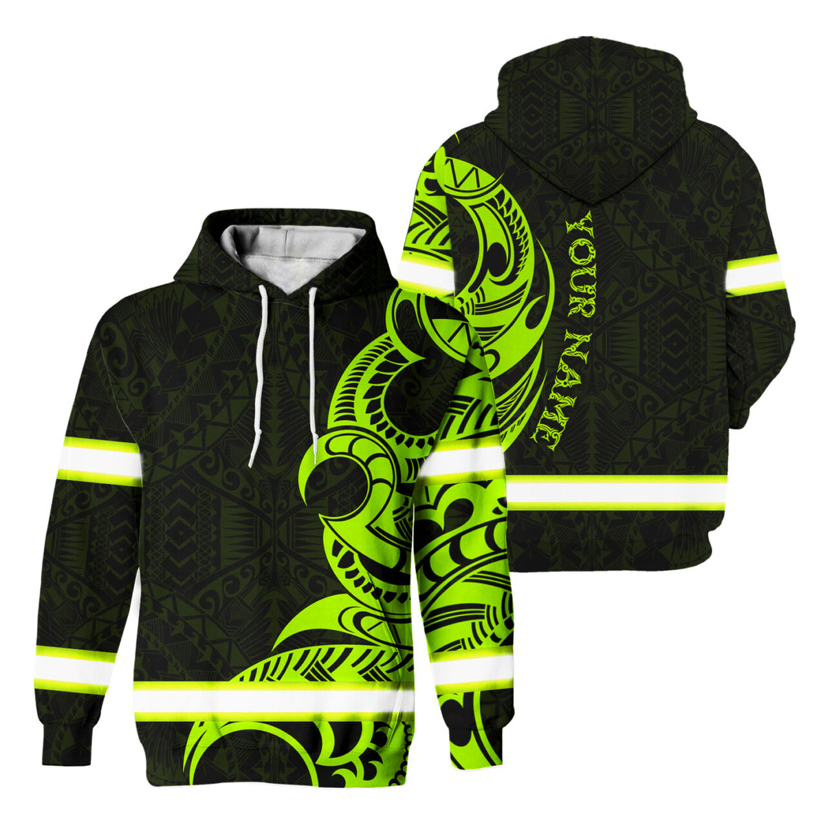 Hi Vis Hoodie Reflective Tapes Green Hawaiian Polynesian Tribal 2 Custom Name Safety Workwear