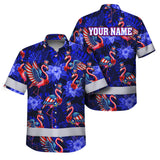 Hi Vis Hawaiian Shirt Reflective Tapes Flamingo US Flag Custom Name Safety Workwear For Workers, Truckers, Operators, Independence