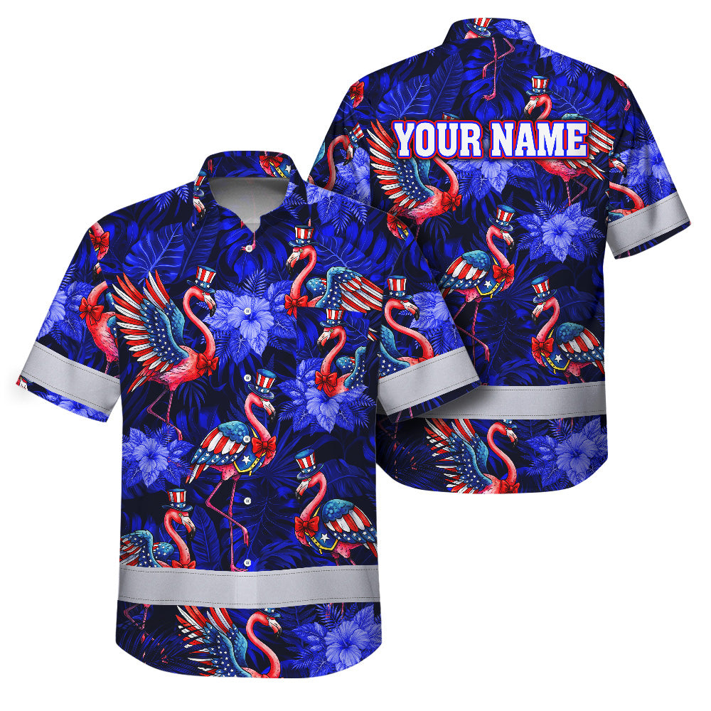 Hi Vis Hawaiian Shirt Reflective Tapes Flamingo US Flag Custom Name Safety Workwear For Workers, Truckers, Operators, Independence