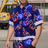 Hi Vis Hawaiian Shirt Reflective Tapes Flamingo US Flag Custom Name Safety Workwear For Workers, Truckers, Operators, Independence