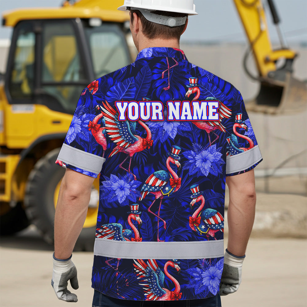Hi Vis Hawaiian Shirt Reflective Tapes Flamingo US Flag Custom Name Safety Workwear For Workers, Truckers, Operators, Independence