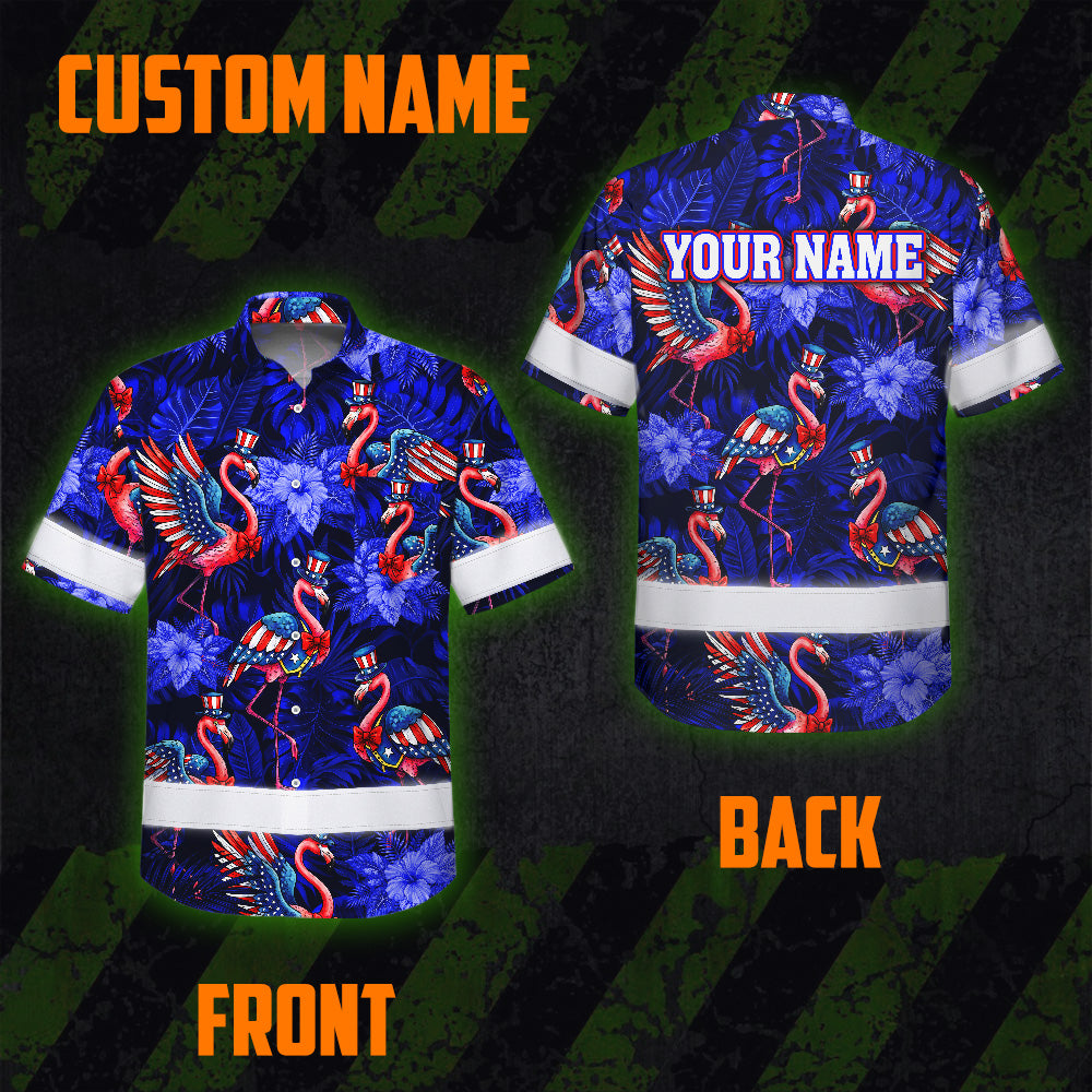 Hi Vis Hawaiian Shirt Reflective Tapes Flamingo US Flag Custom Name Safety Workwear For Workers, Truckers, Operators, Independence