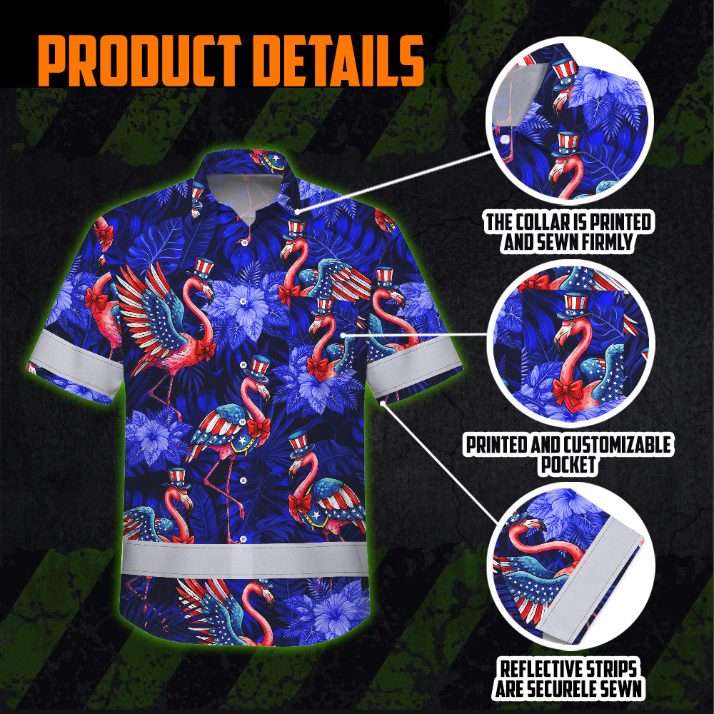 Hi Vis Hawaiian Shirt Reflective Tapes Flamingo US Flag Custom Name Safety Workwear For Workers, Truckers, Operators, Independence