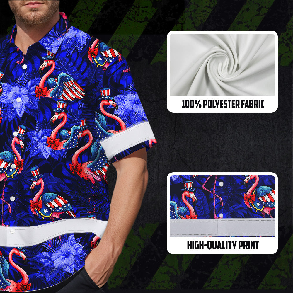 Hi Vis Hawaiian Shirt Reflective Tapes Flamingo US Flag Custom Name Safety Workwear For Workers, Truckers, Operators, Independence