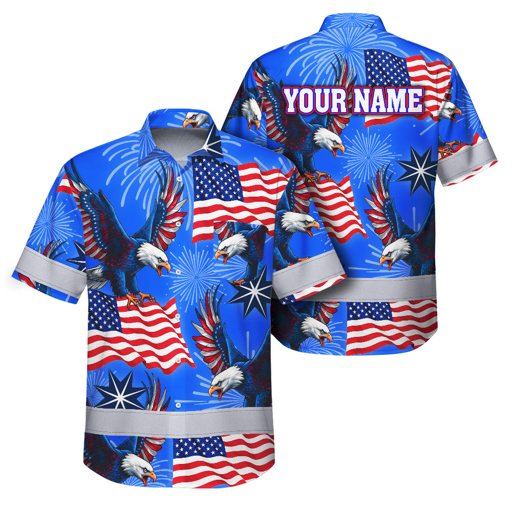 Hi Vis Hawaiian Shirt Reflective Tapes US Flag Blue Custom Name Safety Workwear For Workers, Truckers, Operators, Independence