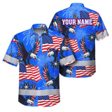 Hi Vis Hawaiian Shirt Reflective Tapes US Flag Blue Custom Name Safety Workwear For Workers, Truckers, Operators, Independence