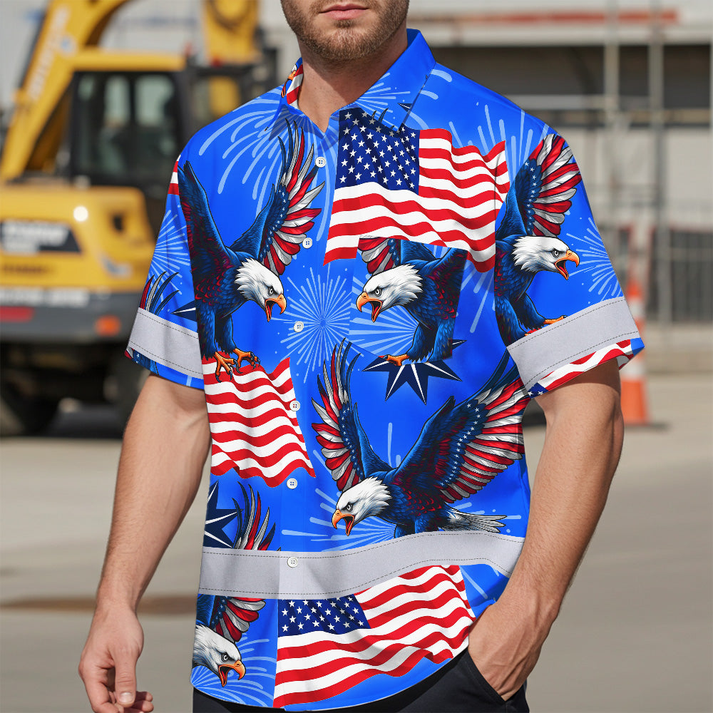 Hi Vis Hawaiian Shirt Reflective Tapes US Flag Blue Custom Name Safety Workwear For Workers, Truckers, Operators, Independence