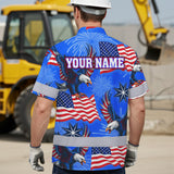Hi Vis Hawaiian Shirt Reflective Tapes US Flag Blue Custom Name Safety Workwear For Workers, Truckers, Operators, Independence