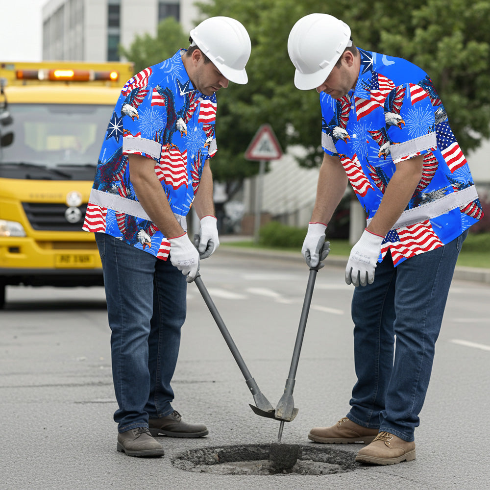 Hi Vis Hawaiian Shirt Reflective Tapes US Flag Blue Custom Name Safety Workwear For Workers, Truckers, Operators, Independence