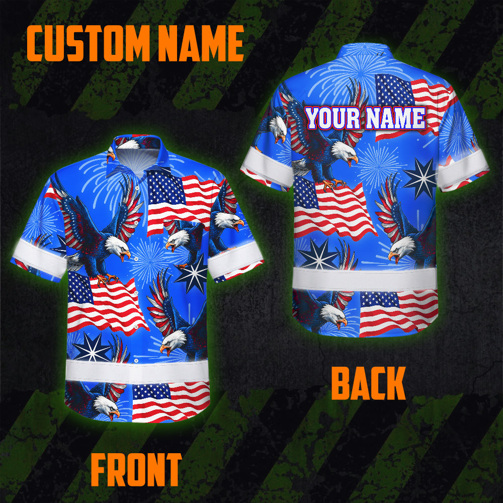 Hi Vis Hawaiian Shirt Reflective Tapes US Flag Blue Custom Name Safety Workwear For Workers, Truckers, Operators, Independence