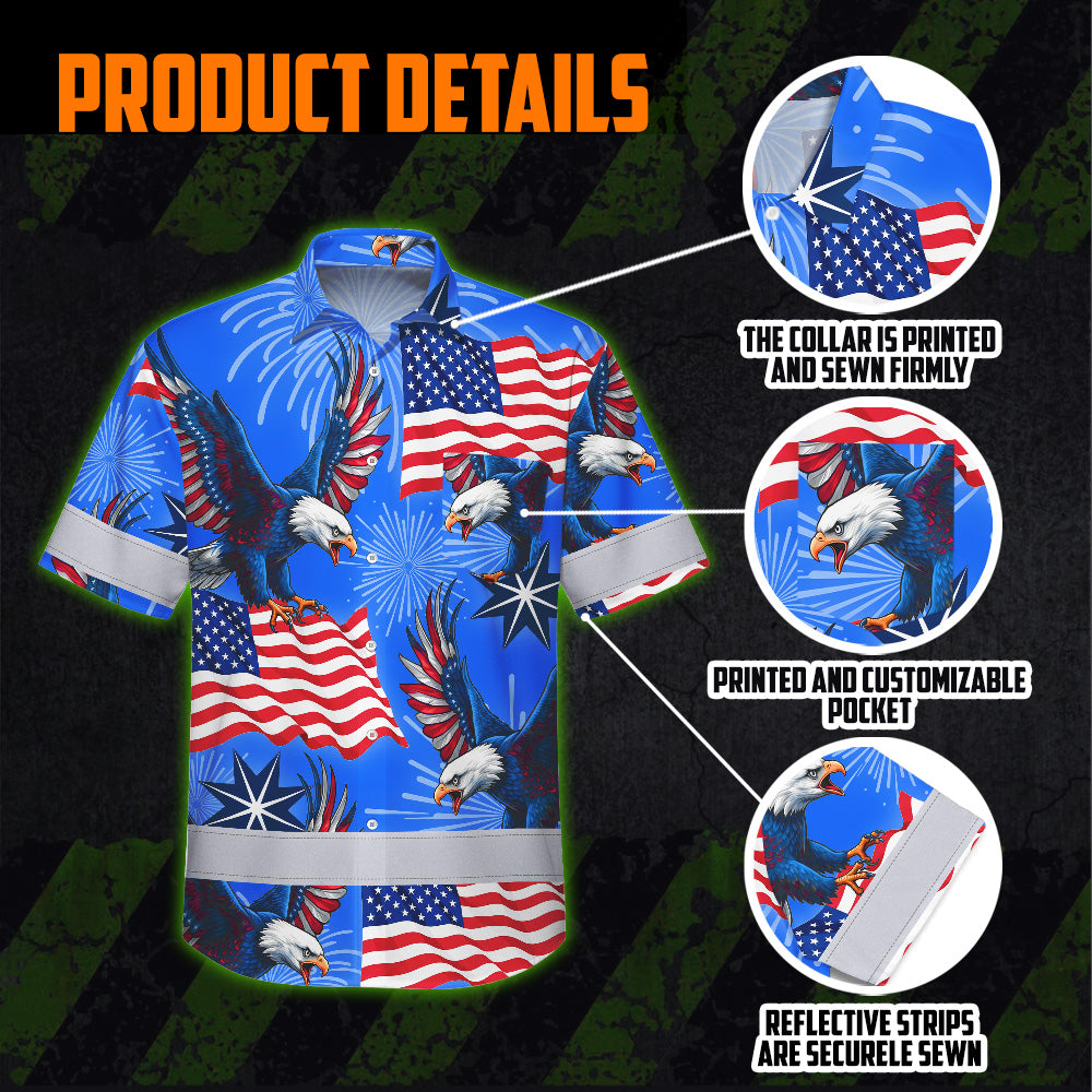 Hi Vis Hawaiian Shirt Reflective Tapes US Flag Blue Custom Name Safety Workwear For Workers, Truckers, Operators, Independence