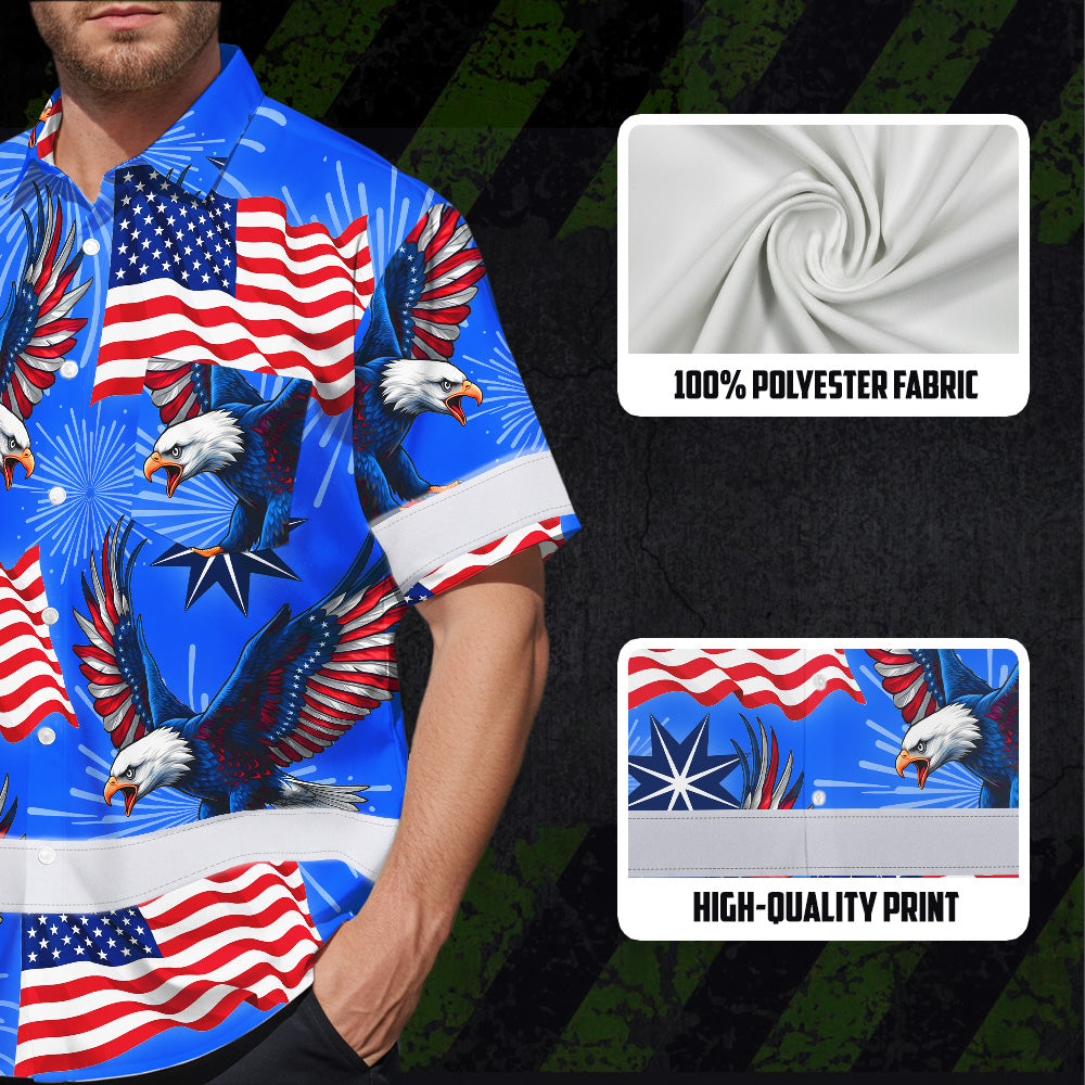 Hi Vis Hawaiian Shirt Reflective Tapes US Flag Blue Custom Name Safety Workwear For Workers, Truckers, Operators, Independence