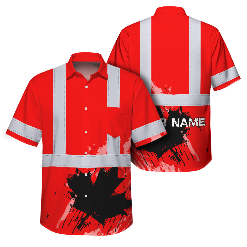 Hi Vis Hawaiian Shirt Reflective Tapes Red Neon Canada Flag Custom Name Safety Workwear For Workers, Truckers, Operators, Canadian