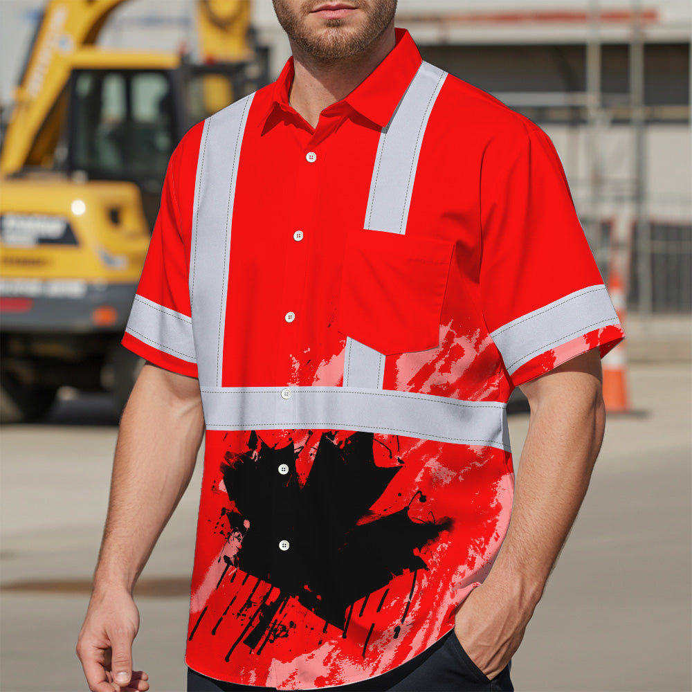 Hi Vis Hawaiian Shirt Reflective Tapes Red Neon Canada Flag Custom Name Safety Workwear For Workers, Truckers, Operators, Canadian