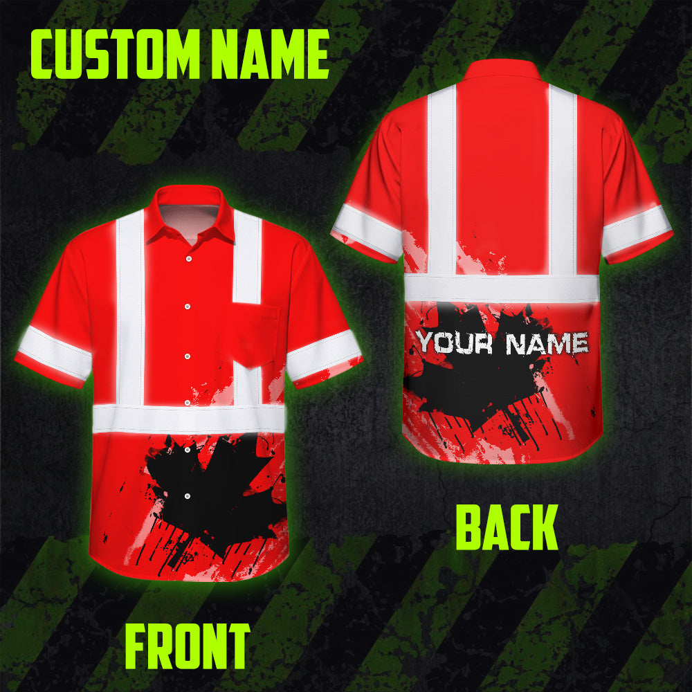 Hi Vis Hawaiian Shirt Reflective Tapes Red Neon Canada Flag Custom Name Safety Workwear For Workers, Truckers, Operators, Canadian