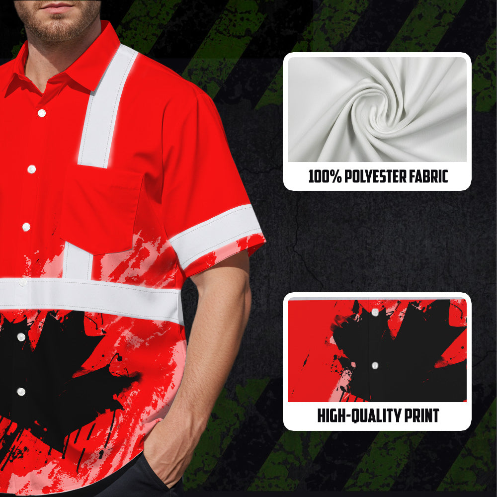 Hi Vis Hawaiian Shirt Reflective Tapes Red Neon Canada Flag Custom Name Safety Workwear For Workers, Truckers, Operators, Canadian