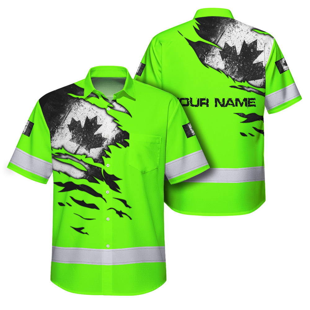 Hi Vis Hawaiian Shirt Reflective Tapes Green Neon Canada Flag Custom Name Safety Workwear For Workers, Truckers, Operators, Canadian
