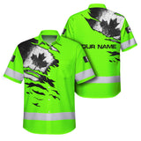 Hi Vis Hawaiian Shirt Reflective Tapes Green Neon Canada Flag Custom Name Safety Workwear For Workers, Truckers, Operators, Canadian