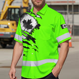 Hi Vis Hawaiian Shirt Reflective Tapes Green Neon Canada Flag Custom Name Safety Workwear For Workers, Truckers, Operators, Canadian