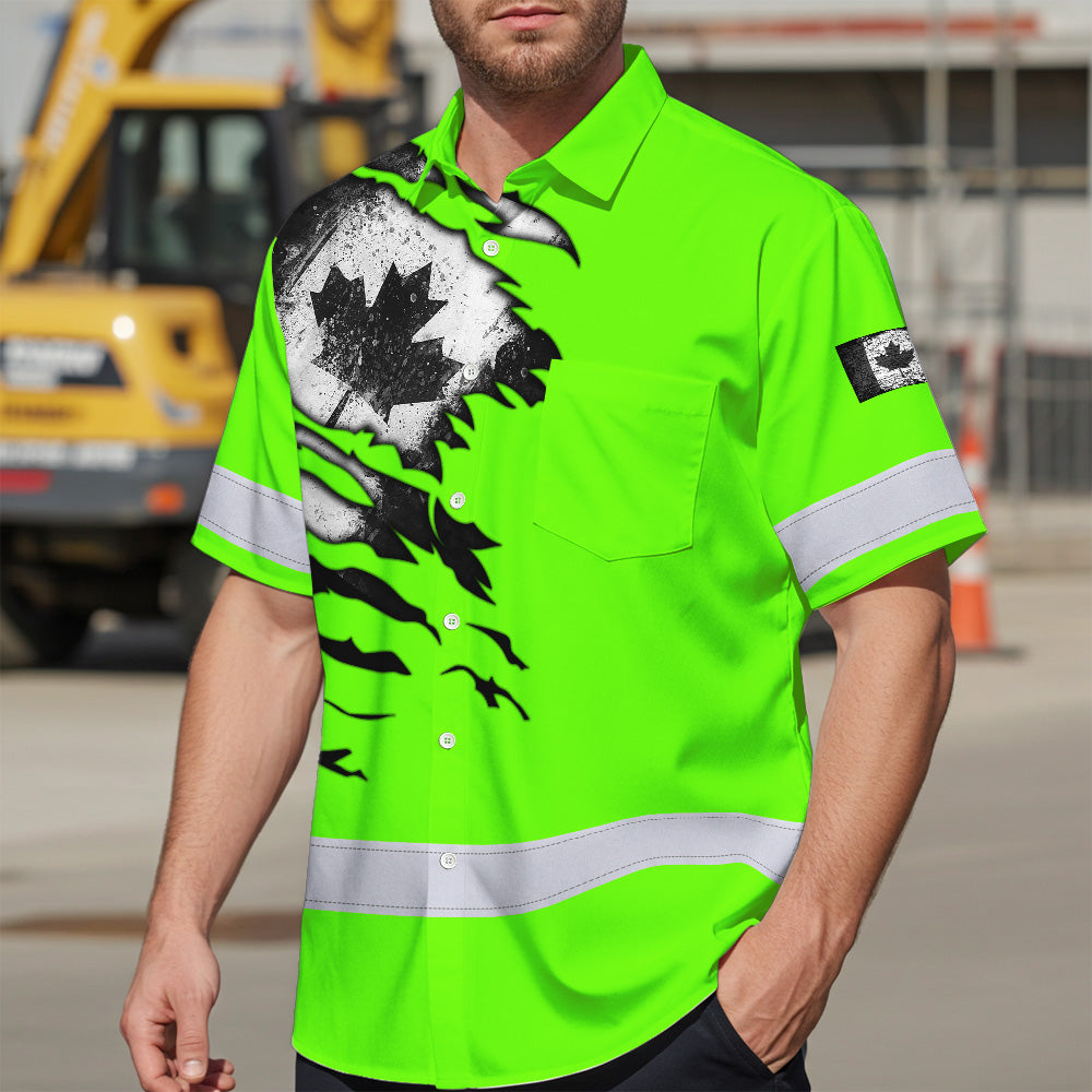 Hi Vis Hawaiian Shirt Reflective Tapes Green Neon Canada Flag Custom Name Safety Workwear For Workers, Truckers, Operators, Canadian