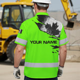 Hi Vis Hawaiian Shirt Reflective Tapes Green Neon Canada Flag Custom Name Safety Workwear For Workers, Truckers, Operators, Canadian