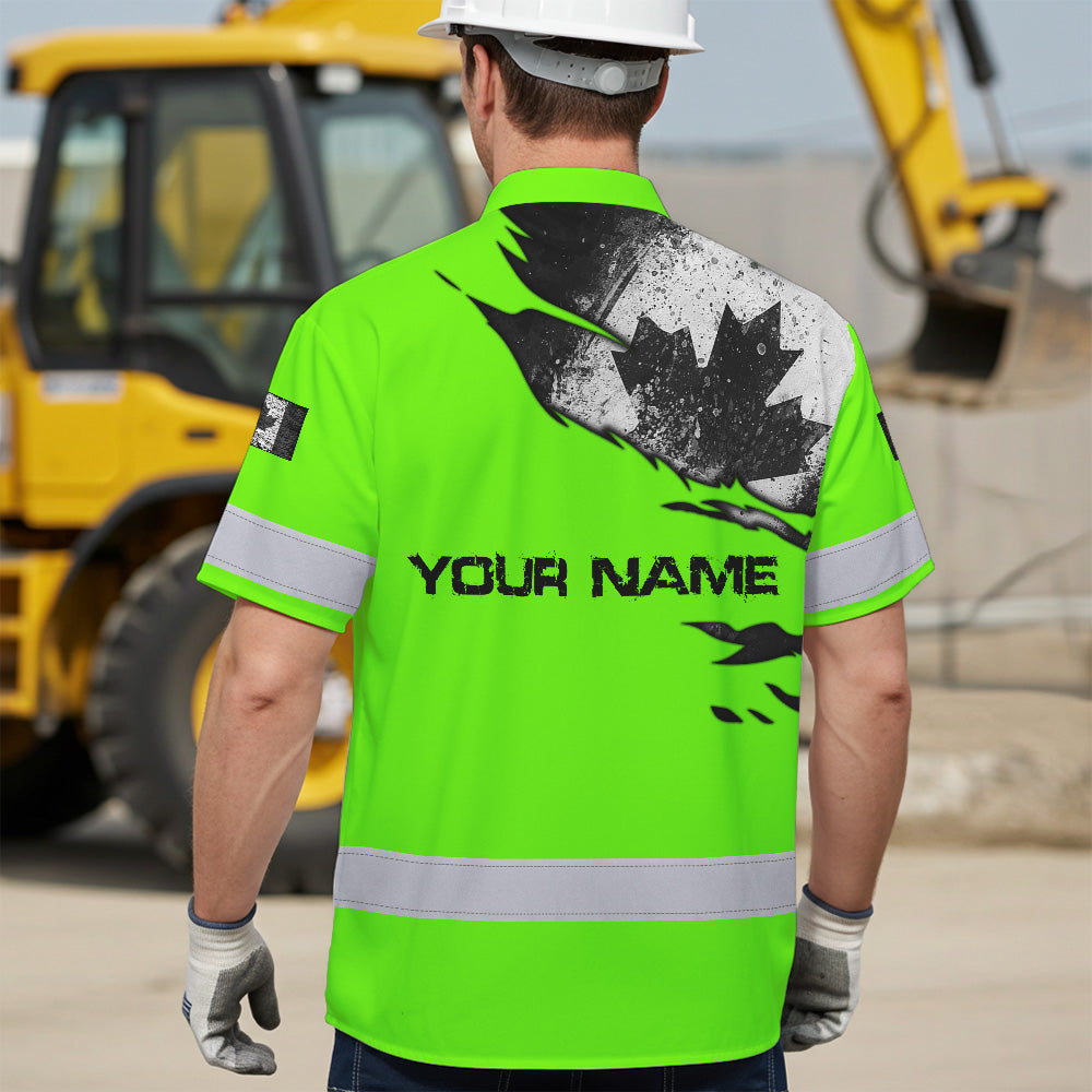 Hi Vis Hawaiian Shirt Reflective Tapes Green Neon Canada Flag Custom Name Safety Workwear For Workers, Truckers, Operators, Canadian