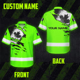 Hi Vis Hawaiian Shirt Reflective Tapes Green Neon Canada Flag Custom Name Safety Workwear For Workers, Truckers, Operators, Canadian