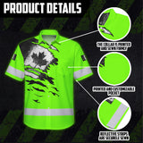 Hi Vis Hawaiian Shirt Reflective Tapes Green Neon Canada Flag Custom Name Safety Workwear For Workers, Truckers, Operators, Canadian