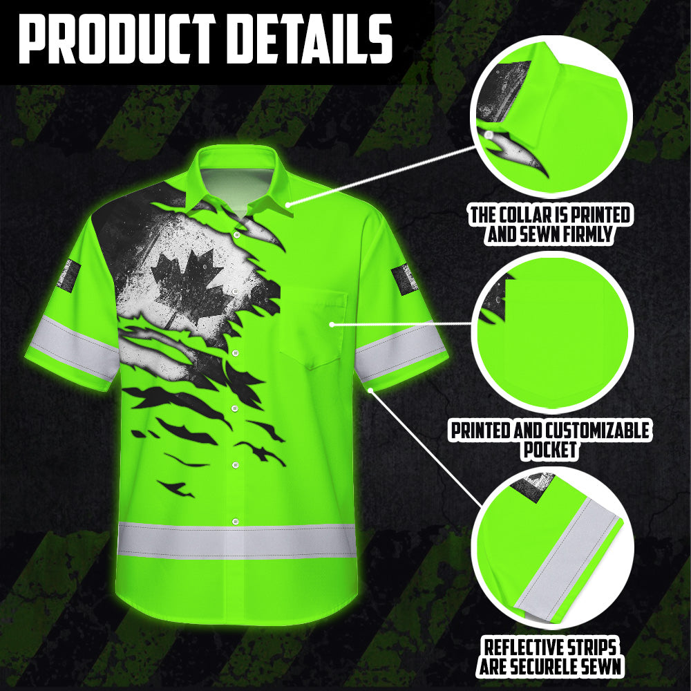Hi Vis Hawaiian Shirt Reflective Tapes Green Neon Canada Flag Custom Name Safety Workwear For Workers, Truckers, Operators, Canadian