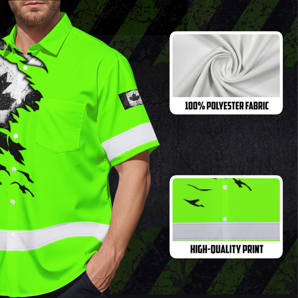 Hi Vis Hawaiian Shirt Reflective Tapes Green Neon Canada Flag Custom Name Safety Workwear For Workers, Truckers, Operators, Canadian