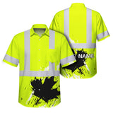 Hi Vis Hawaiian Shirt Reflective Tapes Lime Neon Canada Flag Custom Name Safety Workwear For Workers, Truckers, Operators, Canadian
