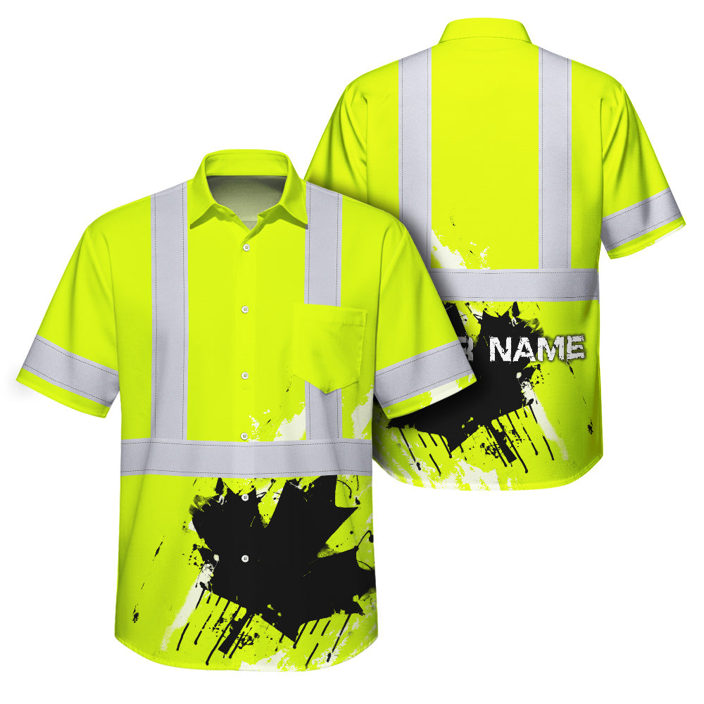 Hi Vis Hawaiian Shirt Reflective Tapes Lime Neon Canada Flag Custom Name Safety Workwear For Workers, Truckers, Operators, Canadian